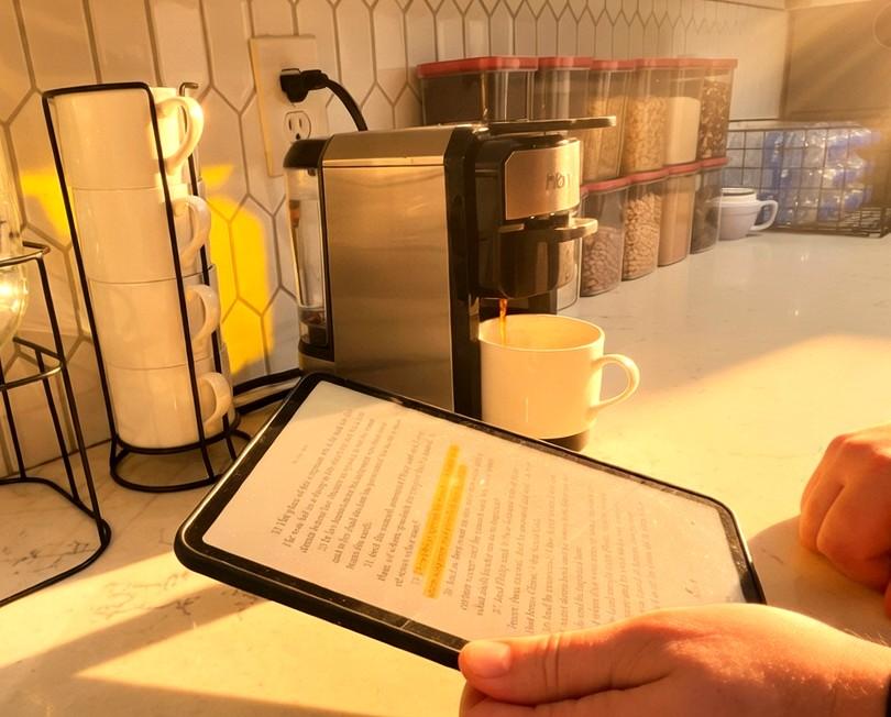 HBN 3-in-1 coffee maker on kitchen counter with espresso cups and scripture on iPad